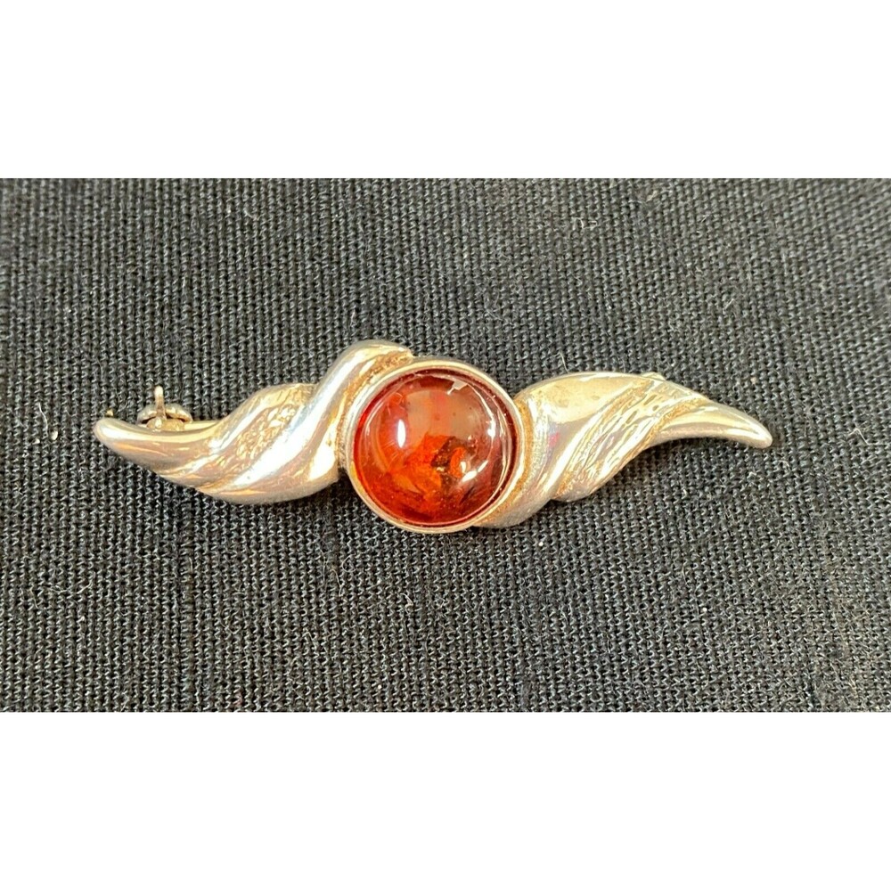 Vintage Sterling Silver & Orange Amber Brooch Pin – Classic Oval Cabochon